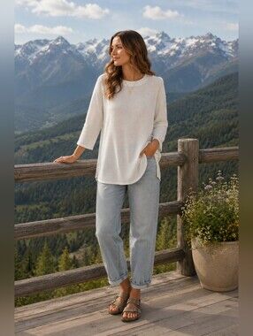 Eileen Fisher Textured Mock Neck Tunic Sweater Silk Blend Minimalist Women's MP